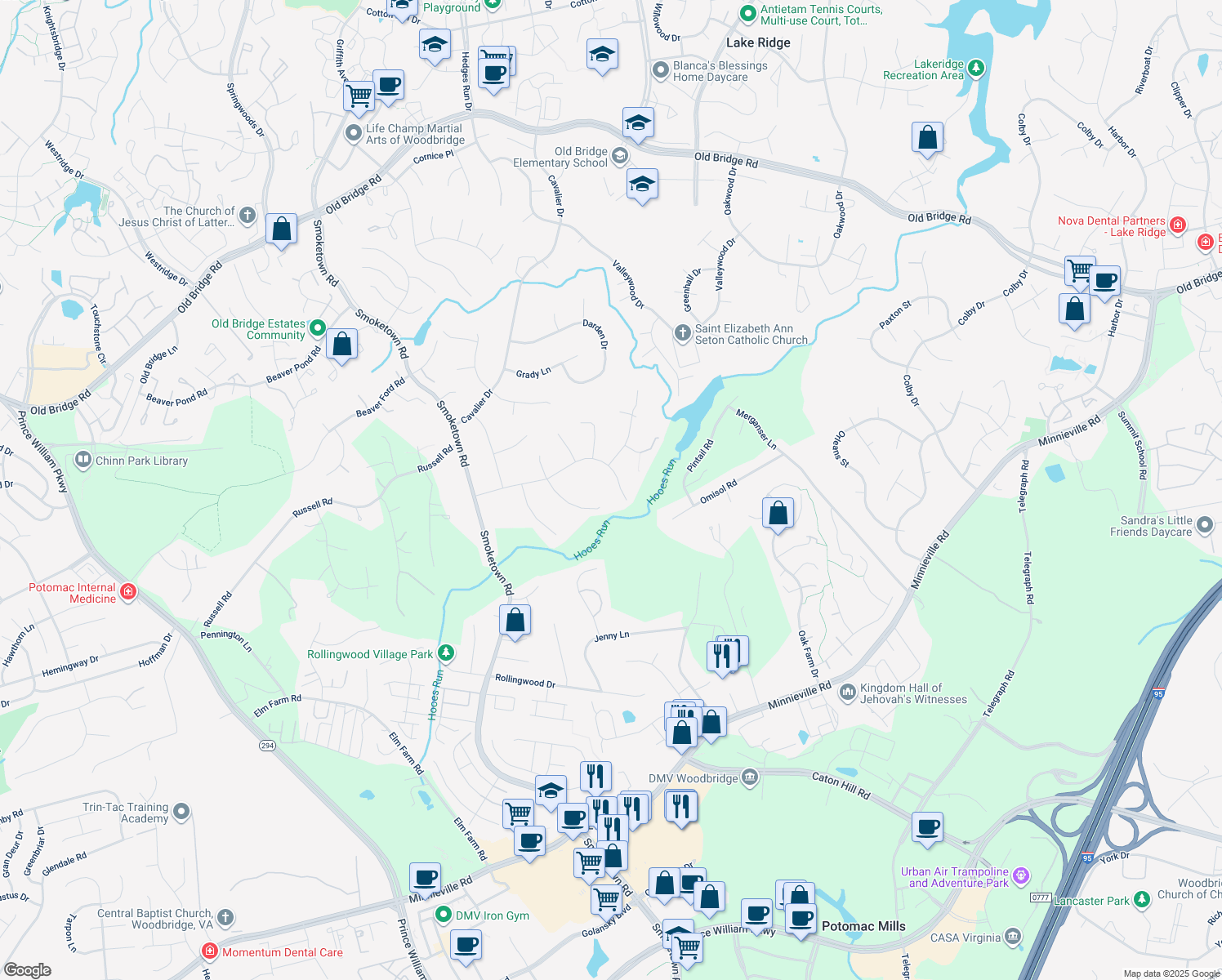 map of restaurants, bars, coffee shops, grocery stores, and more near 3249 Chancellor Drive in Woodbridge