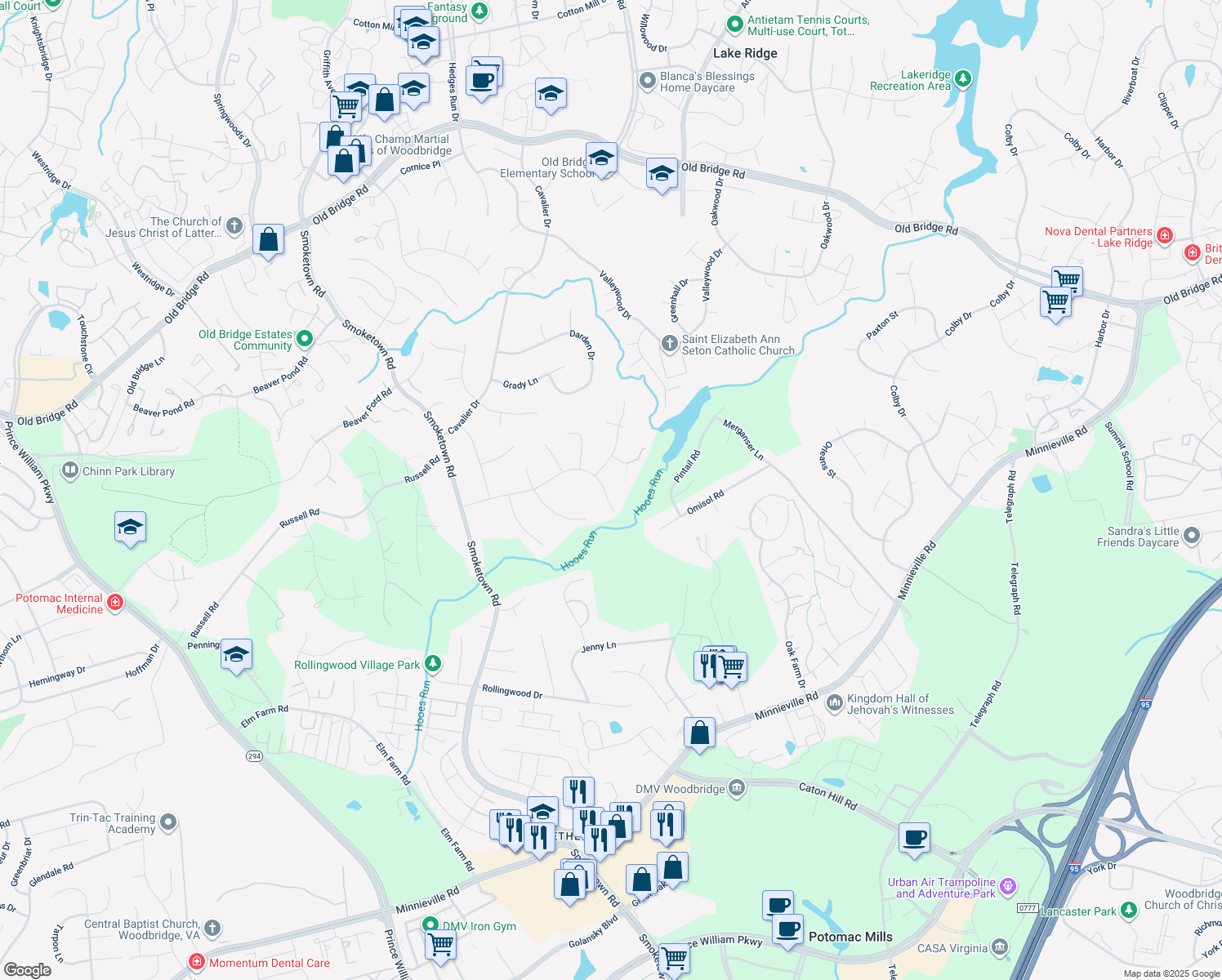 map of restaurants, bars, coffee shops, grocery stores, and more near 3242 Chancellor Drive in Woodbridge