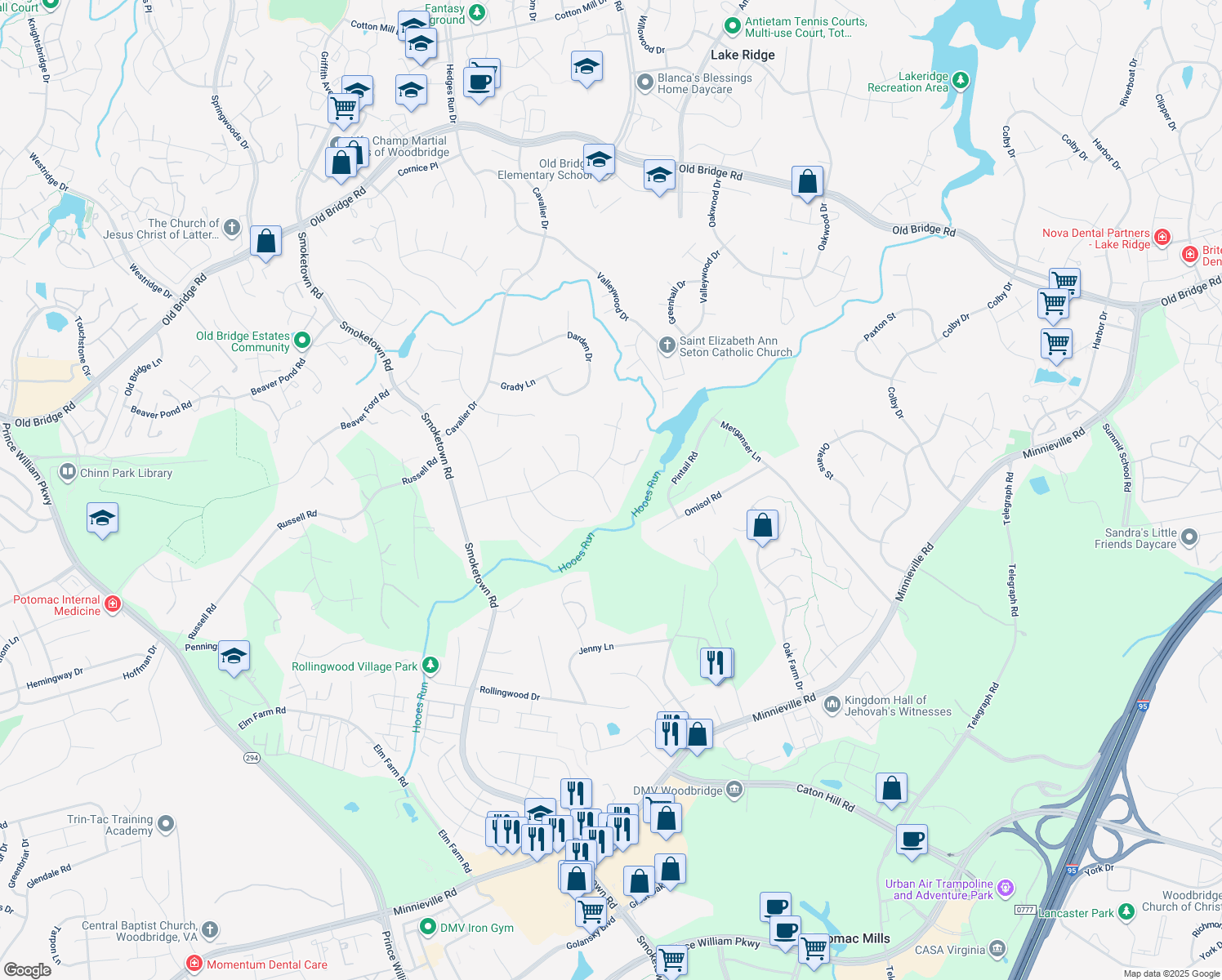 map of restaurants, bars, coffee shops, grocery stores, and more near 3242 Chancellor Drive in Woodbridge