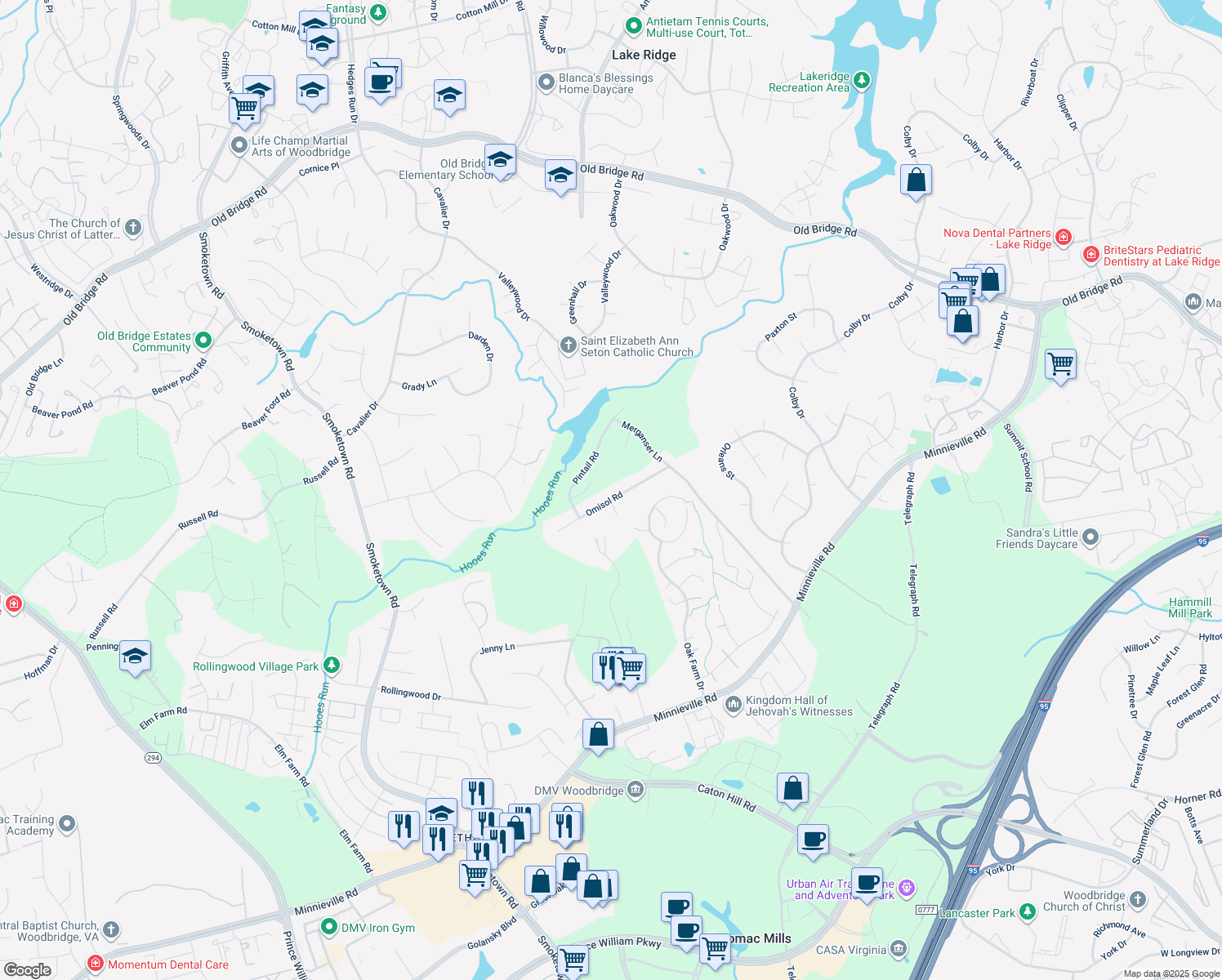 map of restaurants, bars, coffee shops, grocery stores, and more near 2722 Omisol Road in Woodbridge
