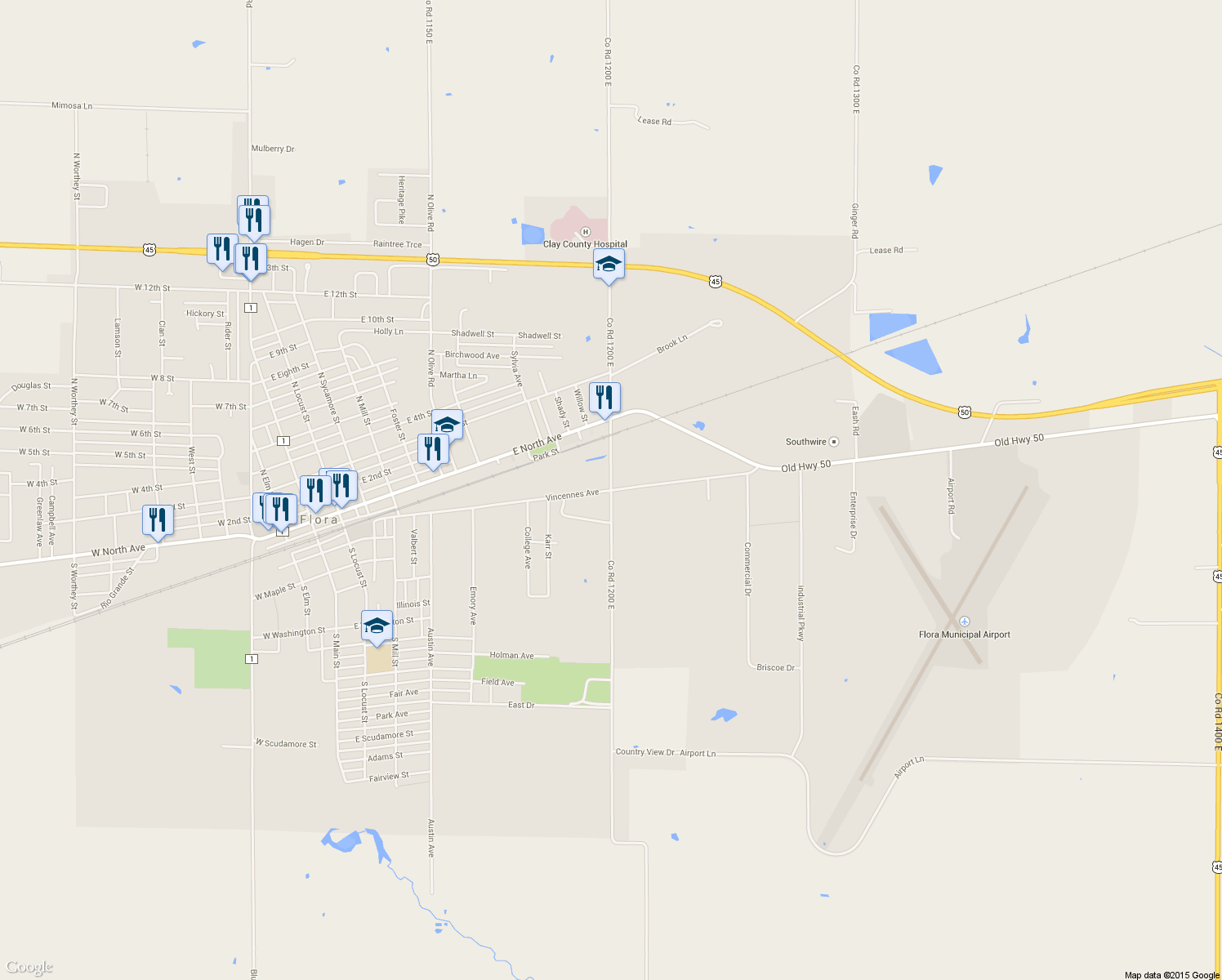 map of restaurants, bars, coffee shops, grocery stores, and more near County Road 1200 East in Flora