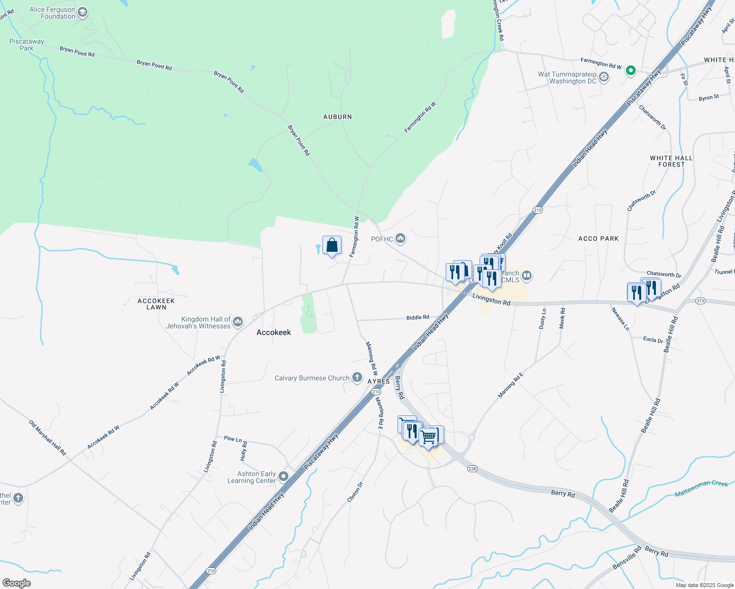 map of restaurants, bars, coffee shops, grocery stores, and more near 15916 Livingston Road in Accokeek