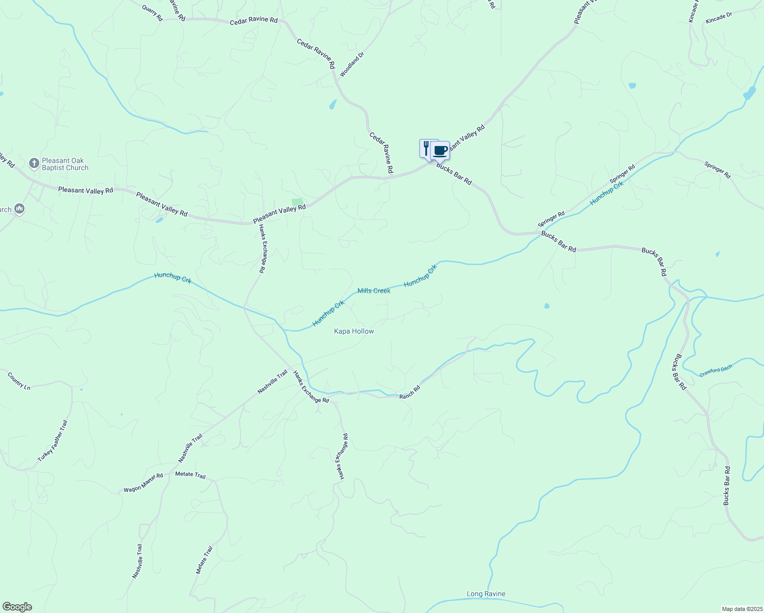 map of restaurants, bars, coffee shops, grocery stores, and more near 2405 Nowalk Drive in Placerville