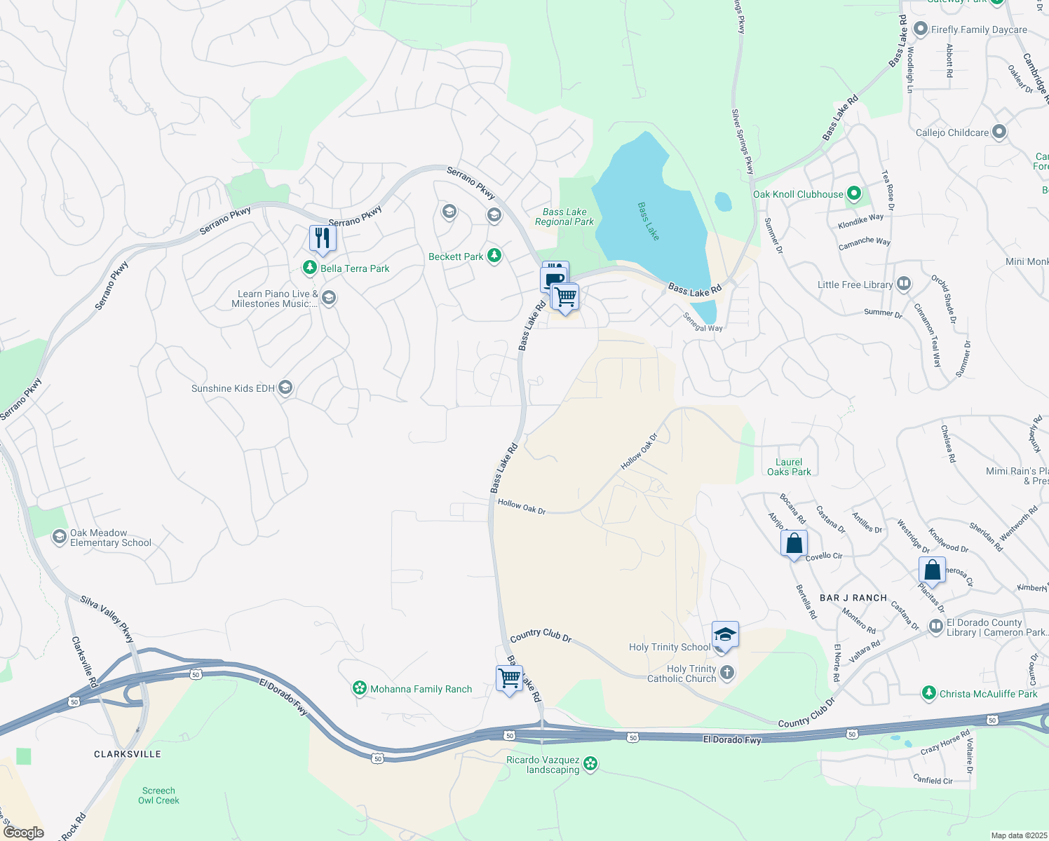 map of restaurants, bars, coffee shops, grocery stores, and more near 3601 Bass Lake Road in El Dorado Hills