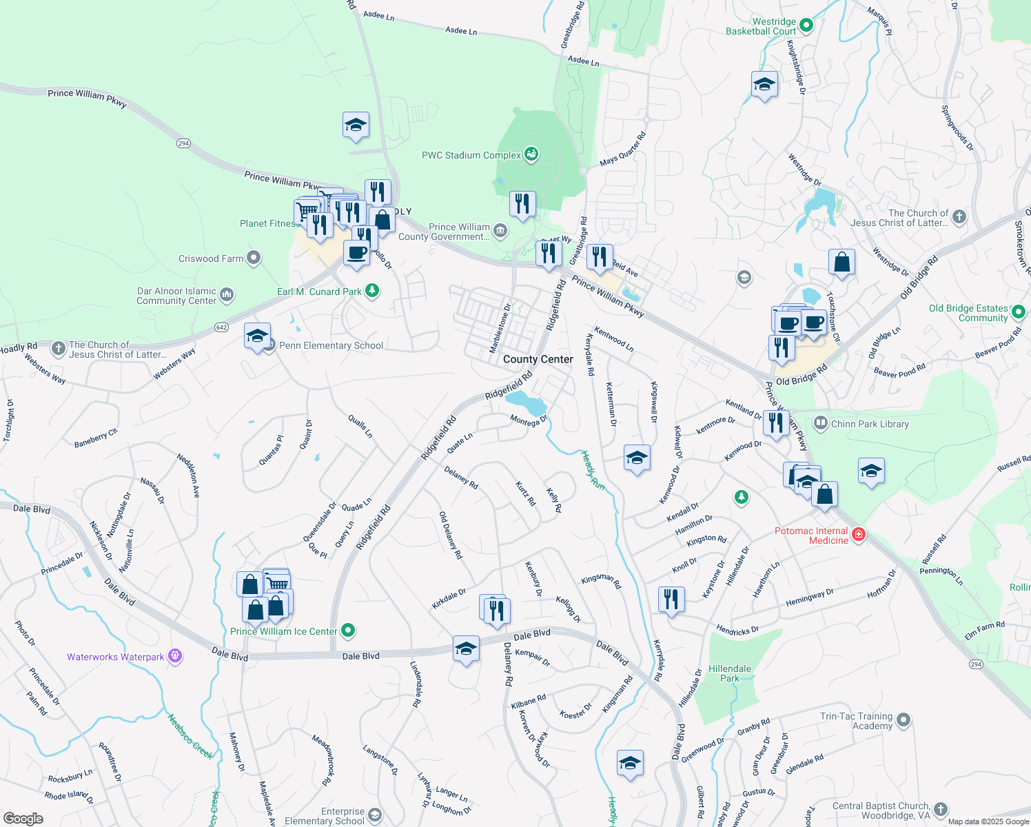 map of restaurants, bars, coffee shops, grocery stores, and more near 4836 Montega Drive in Woodbridge