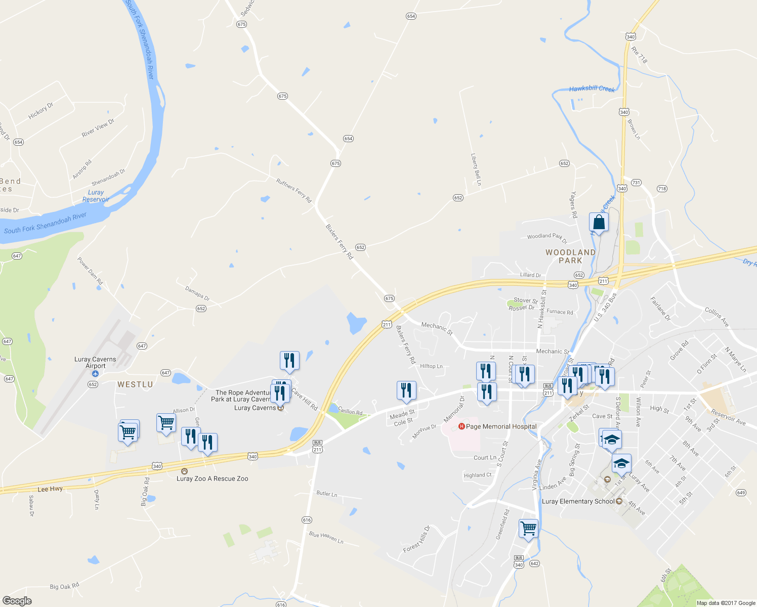 map of restaurants, bars, coffee shops, grocery stores, and more near 161 Route 764 in Luray