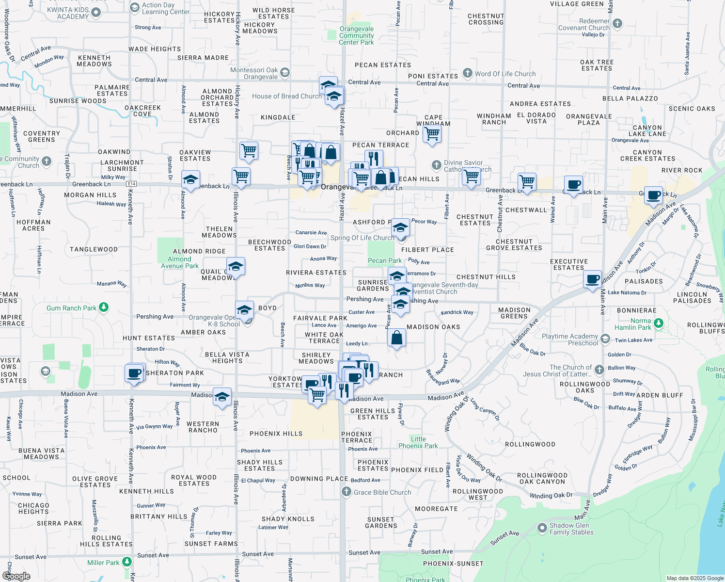 map of restaurants, bars, coffee shops, grocery stores, and more near 8916 Aksarben Drive in Orangevale