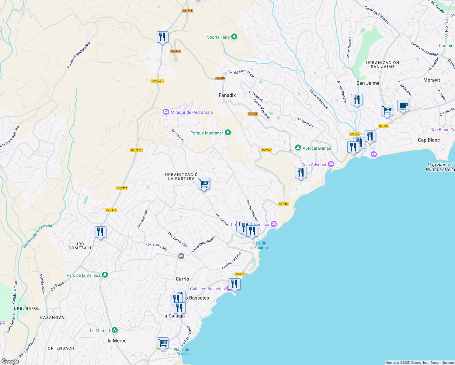 map of restaurants, bars, coffee shops, grocery stores, and more near 7 Carrer l'Arboç in Benissa