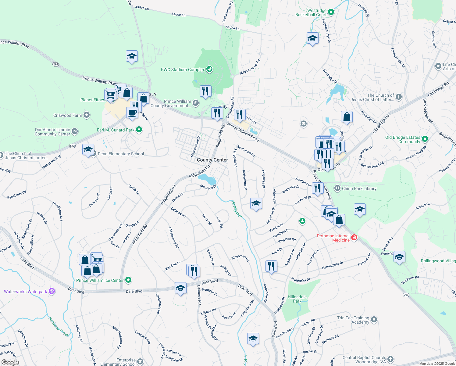 map of restaurants, bars, coffee shops, grocery stores, and more near 13042 Taverner Loop in Woodbridge