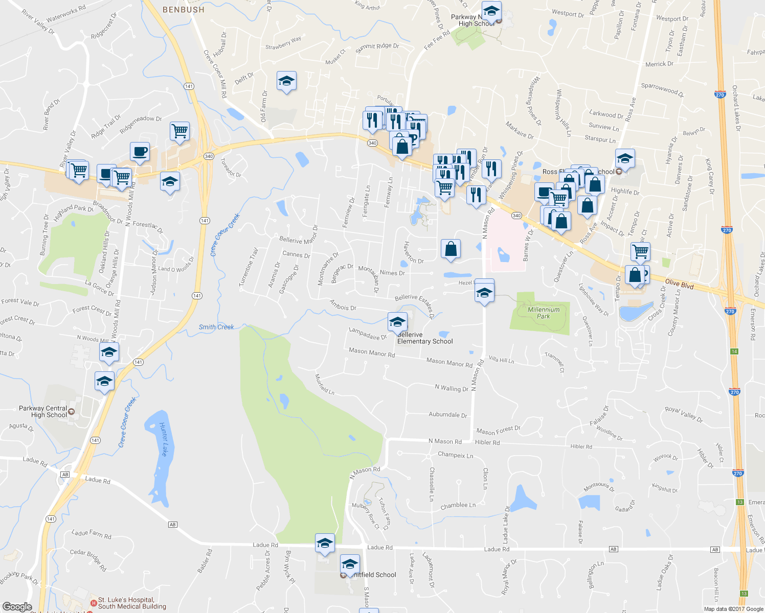 map of restaurants, bars, coffee shops, grocery stores, and more near 12927 Ambois Drive in Creve Coeur