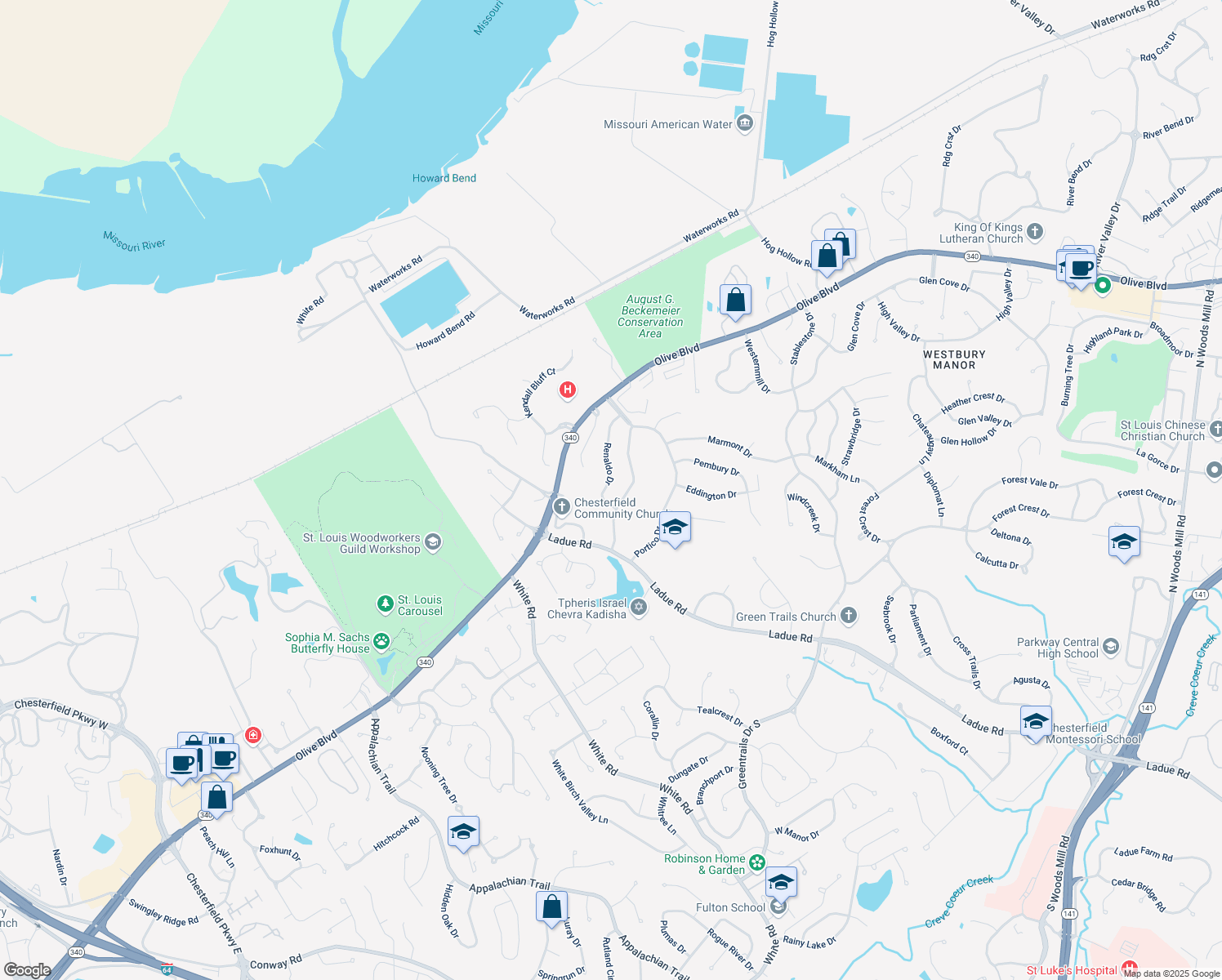 map of restaurants, bars, coffee shops, grocery stores, and more near 214 Renaldo Drive in Chesterfield
