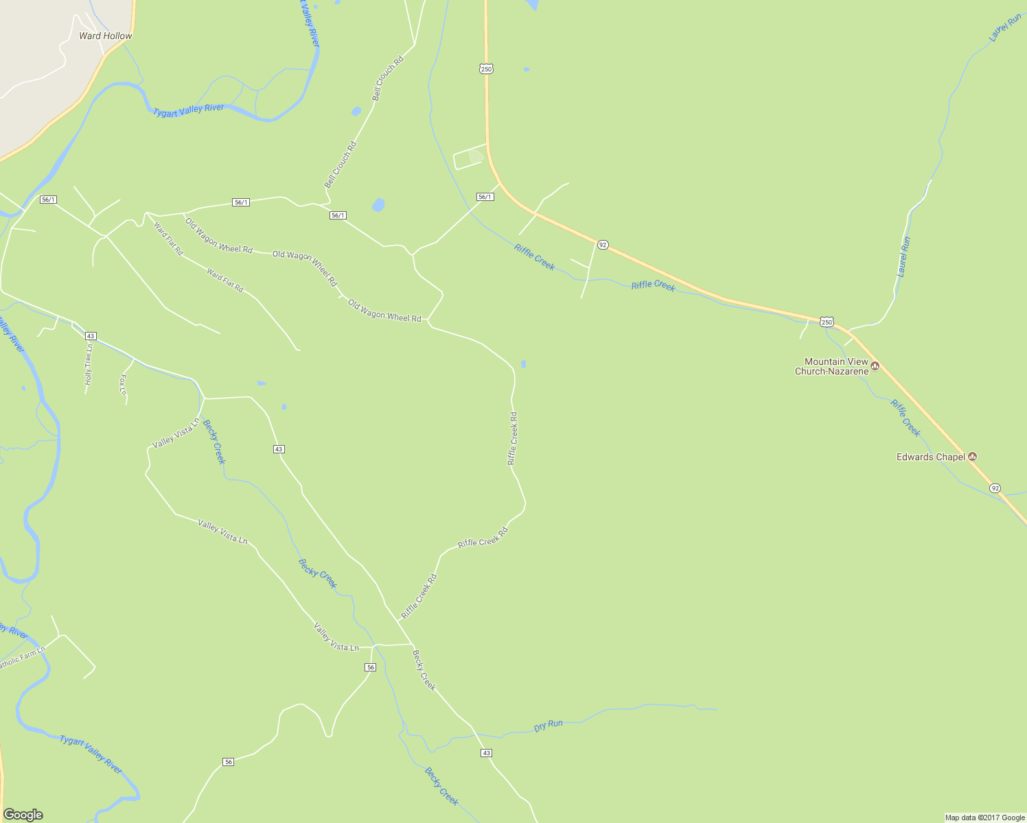 map of restaurants, bars, coffee shops, grocery stores, and more near Riffle Creek Road in Huttonsville