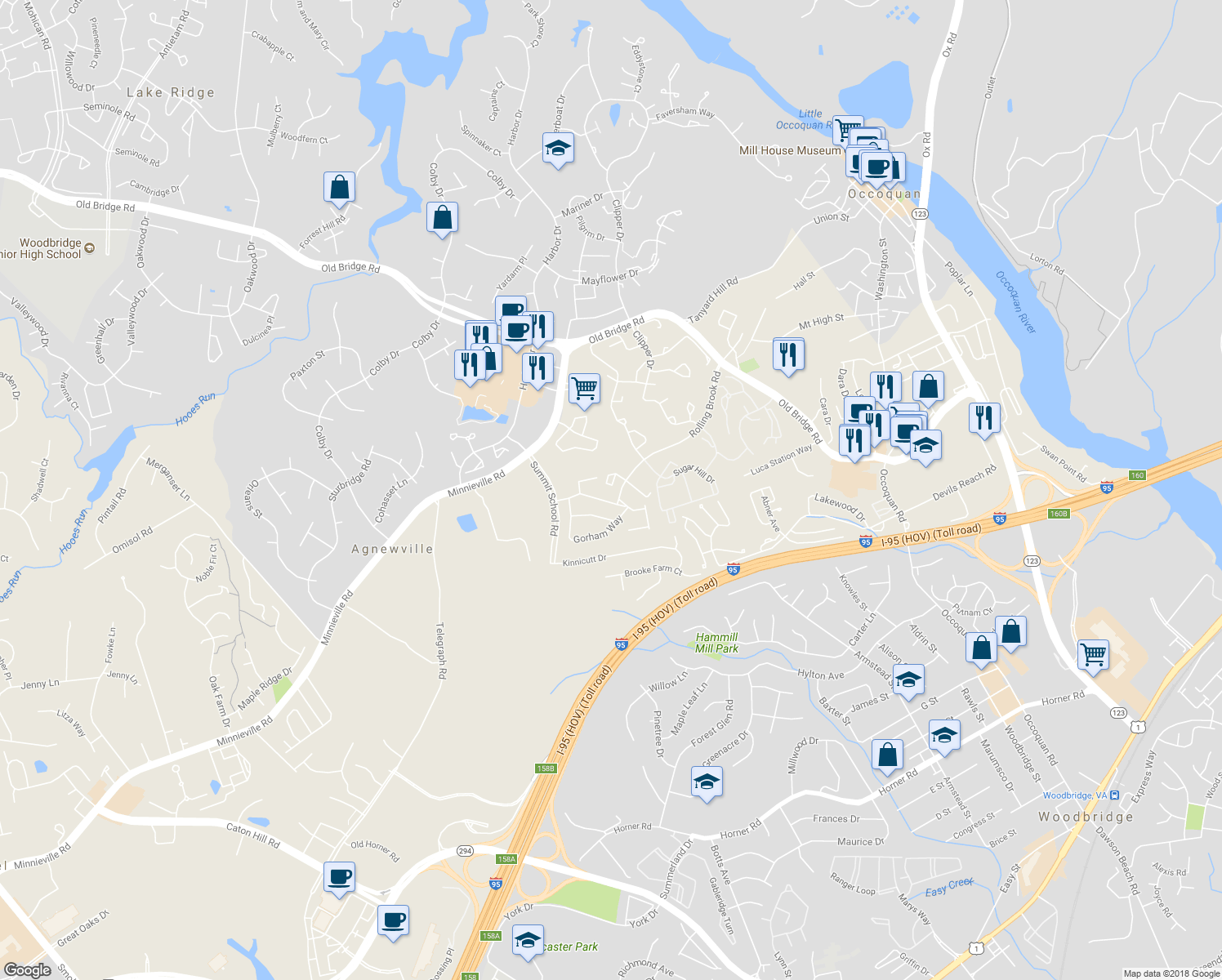 map of restaurants, bars, coffee shops, grocery stores, and more near 2069 Stargrass Court in Woodbridge