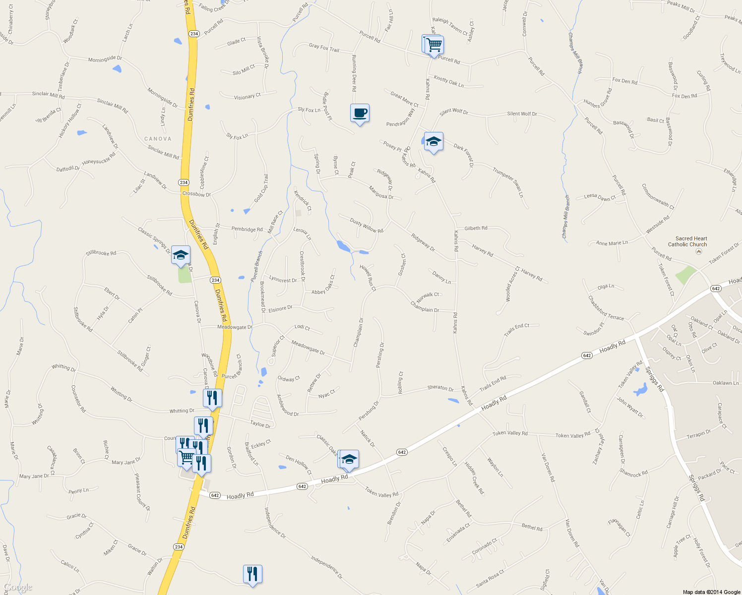 map of restaurants, bars, coffee shops, grocery stores, and more near 13001 Champlain Drive in Manassas