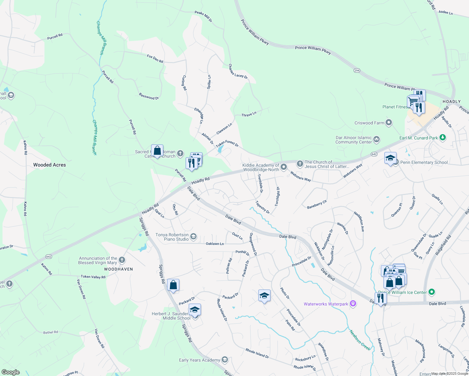 map of restaurants, bars, coffee shops, grocery stores, and more near 13121 Thrift Lane in Woodbridge