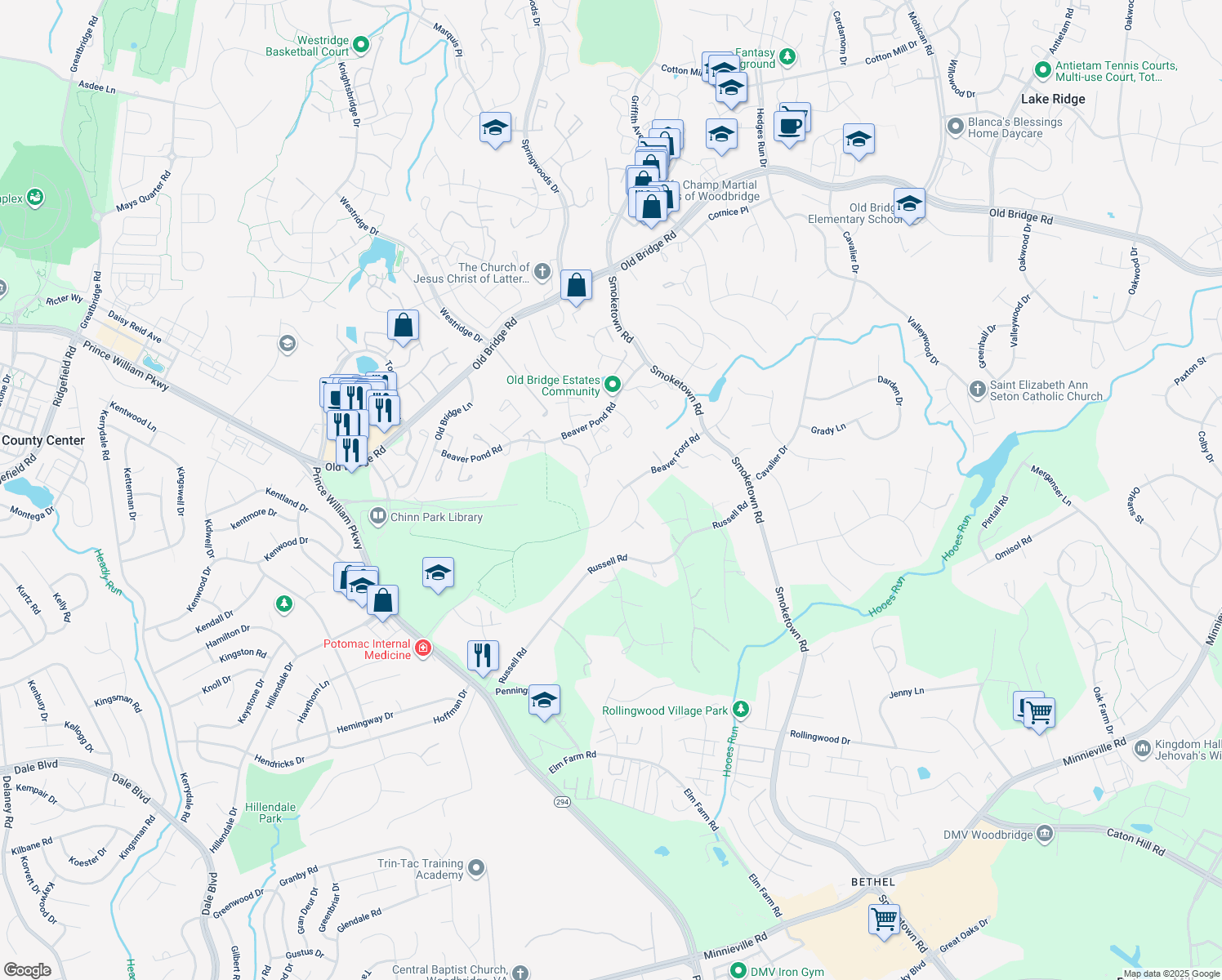 map of restaurants, bars, coffee shops, grocery stores, and more near 3710 Beaver Ford Road in Woodbridge