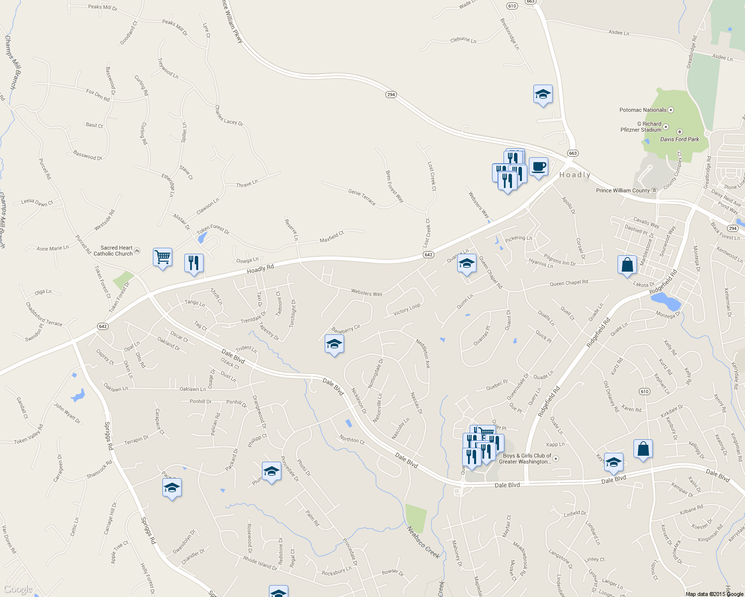 map of restaurants, bars, coffee shops, grocery stores, and more near 14072 Baneberry Circle in Manassas