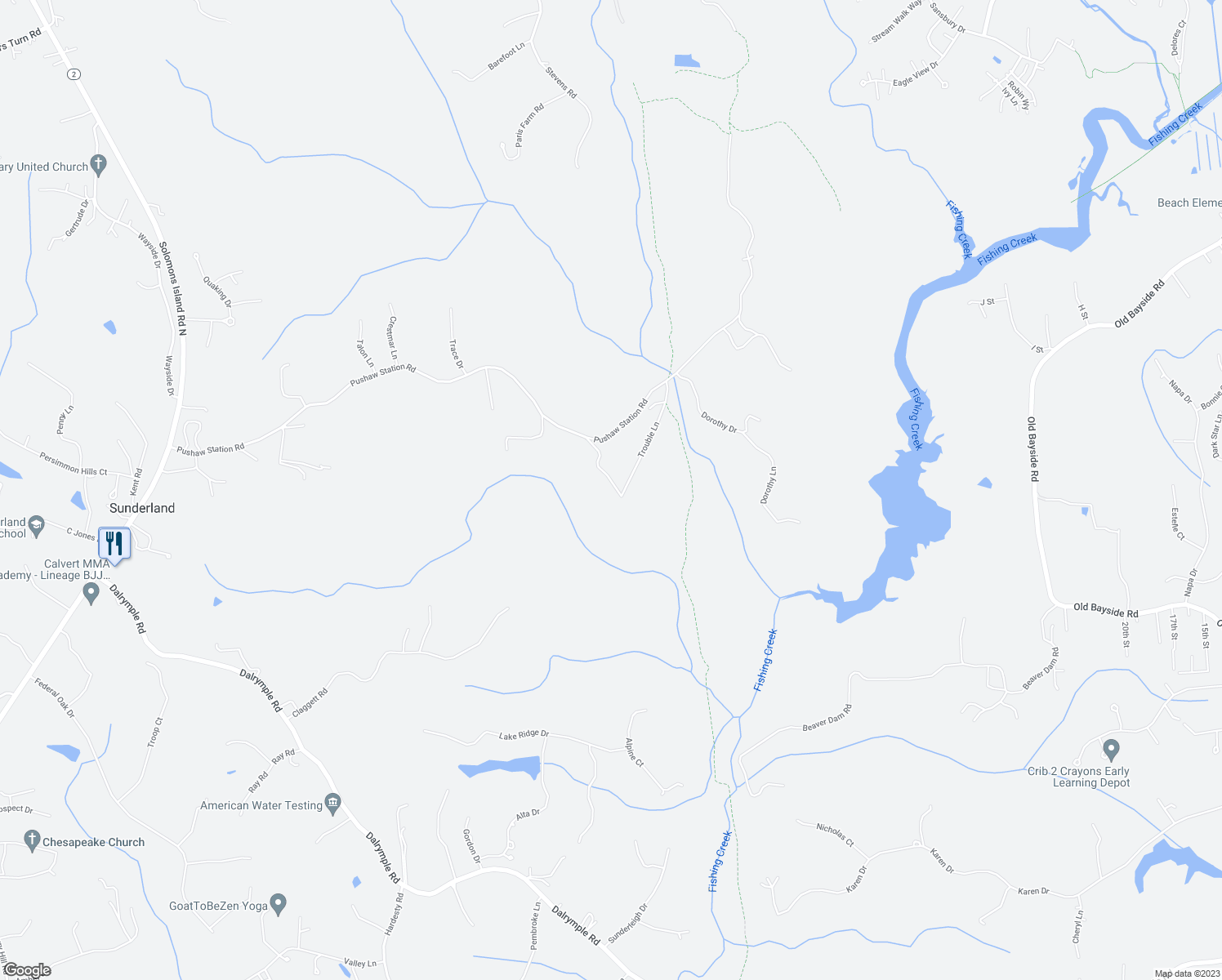 map of restaurants, bars, coffee shops, grocery stores, and more near 1387 Trouble Lane in Sunderland