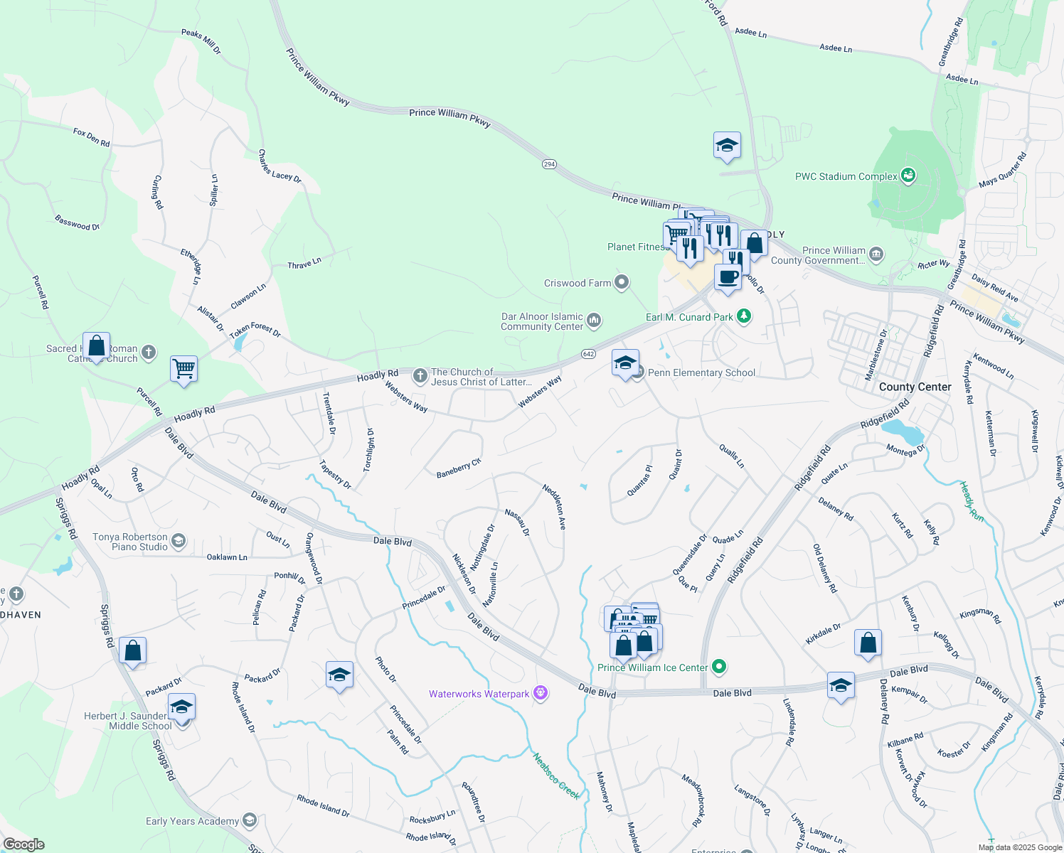 map of restaurants, bars, coffee shops, grocery stores, and more near 5538 Victory Loop in Manassas