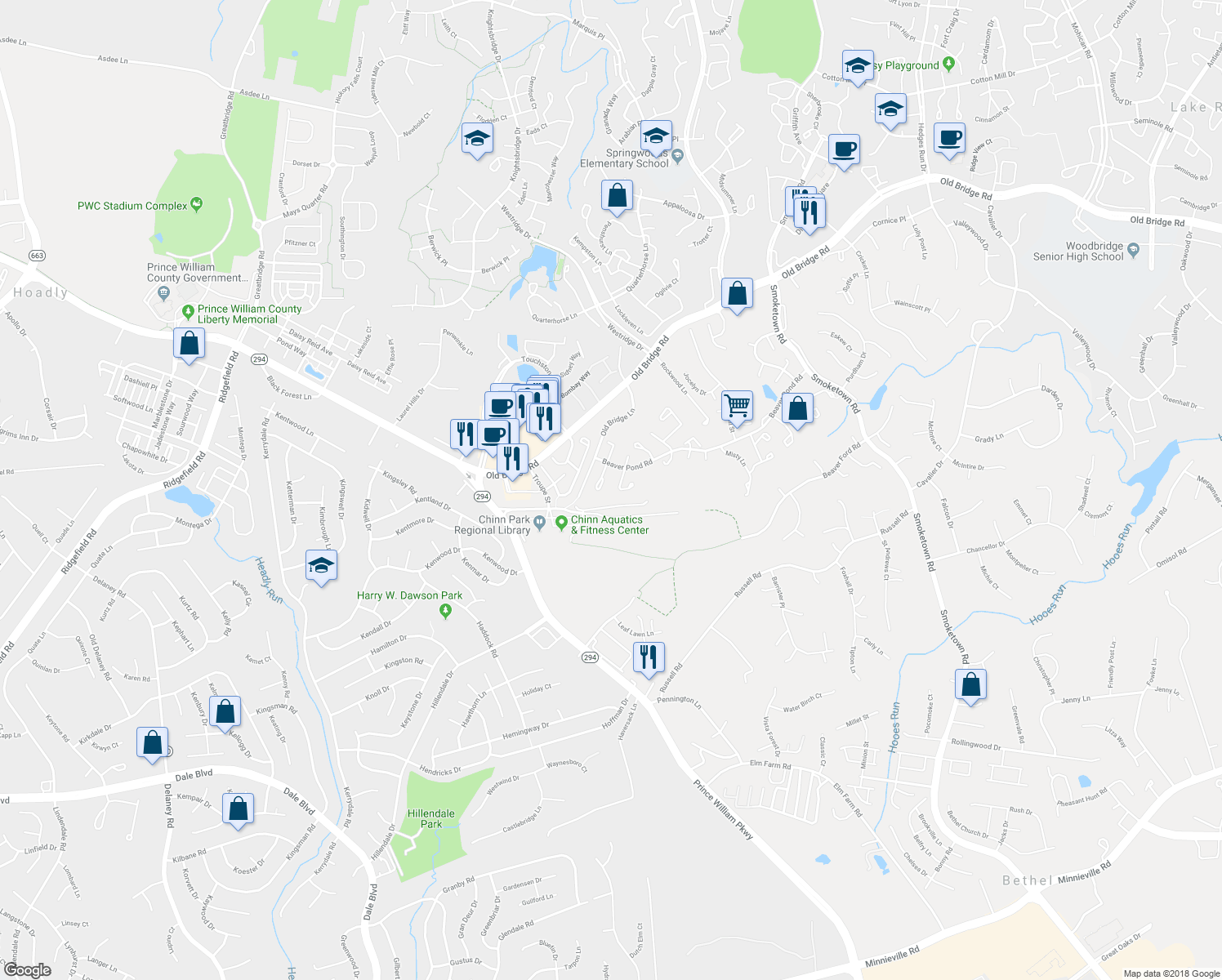 map of restaurants, bars, coffee shops, grocery stores, and more near 12948 Augustus Court in Woodbridge