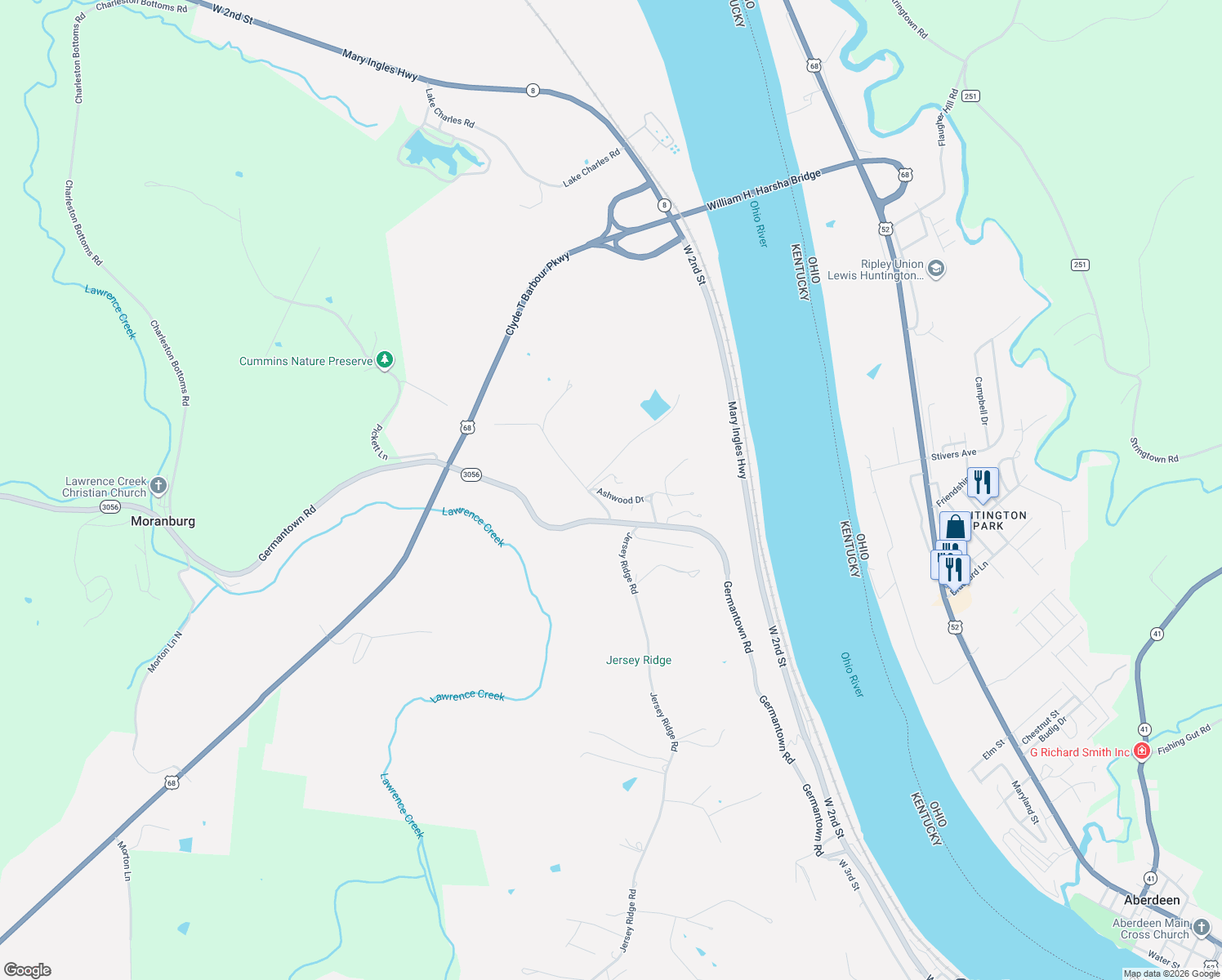 map of restaurants, bars, coffee shops, grocery stores, and more near 1110 Ashwood Drive in Maysville