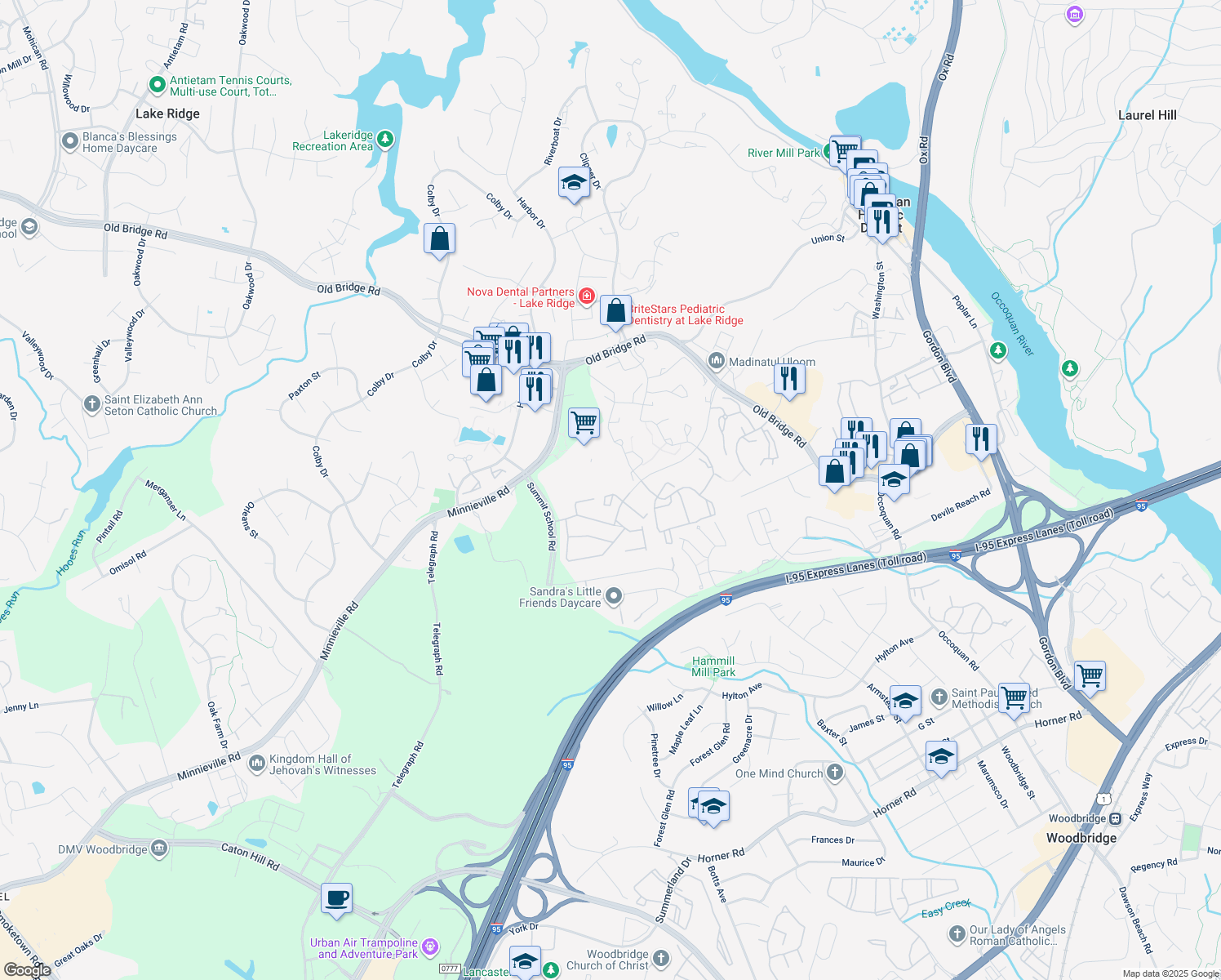 map of restaurants, bars, coffee shops, grocery stores, and more near 2024 Stargrass Court in Woodbridge