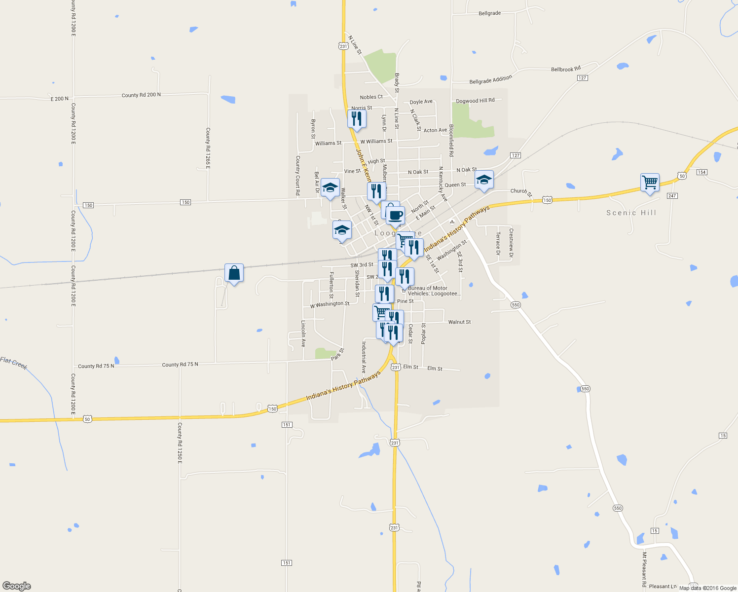 map of restaurants, bars, coffee shops, grocery stores, and more near 400 Southwest 1st Street in Loogootee