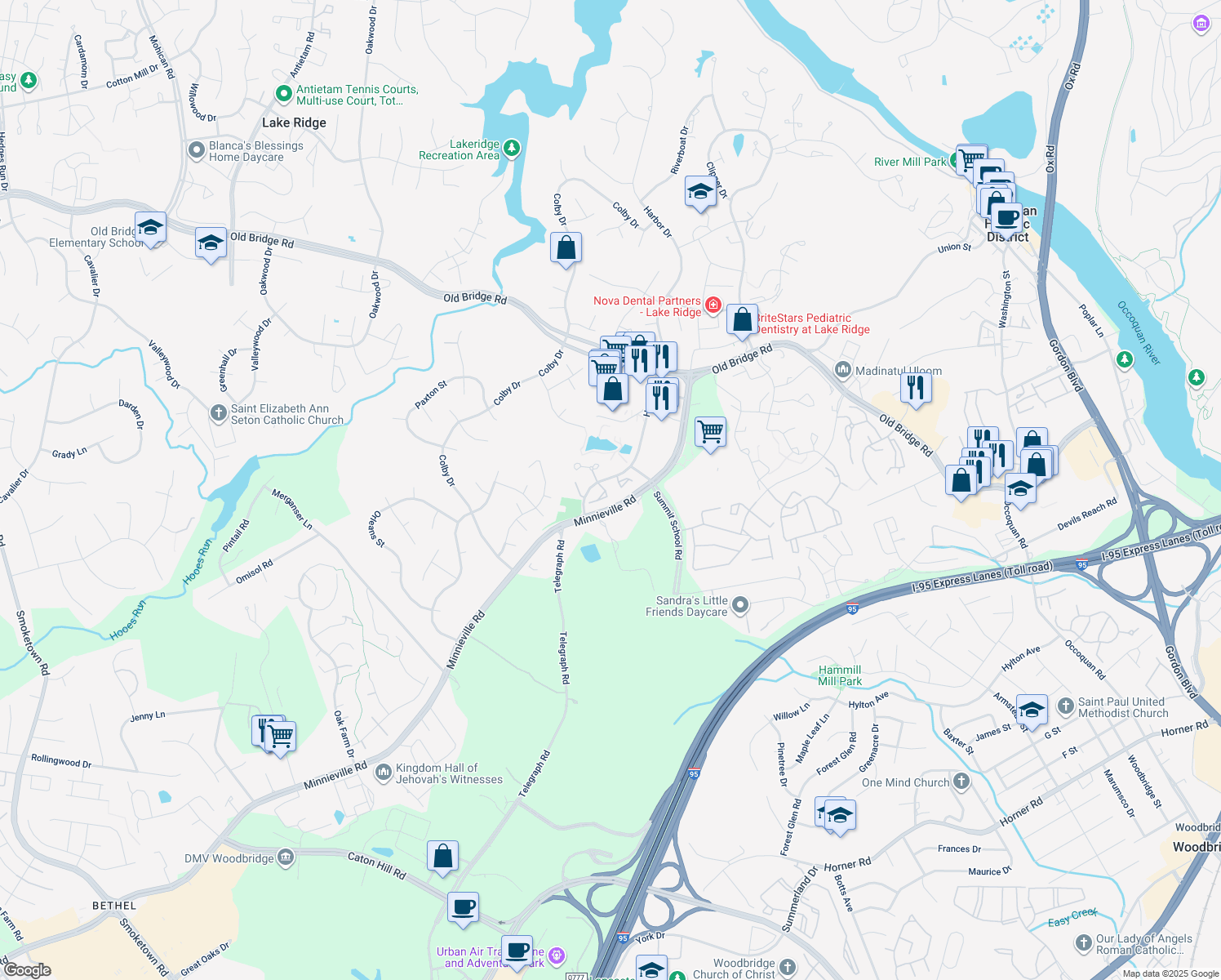 map of restaurants, bars, coffee shops, grocery stores, and more near 2257 Wheel Cog Place in Woodbridge