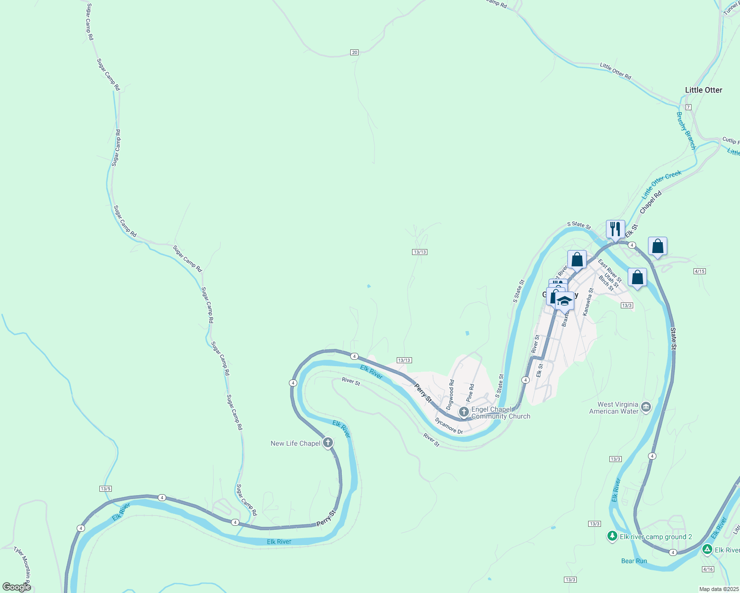 map of restaurants, bars, coffee shops, grocery stores, and more near 810 Elk River Road in Gassaway