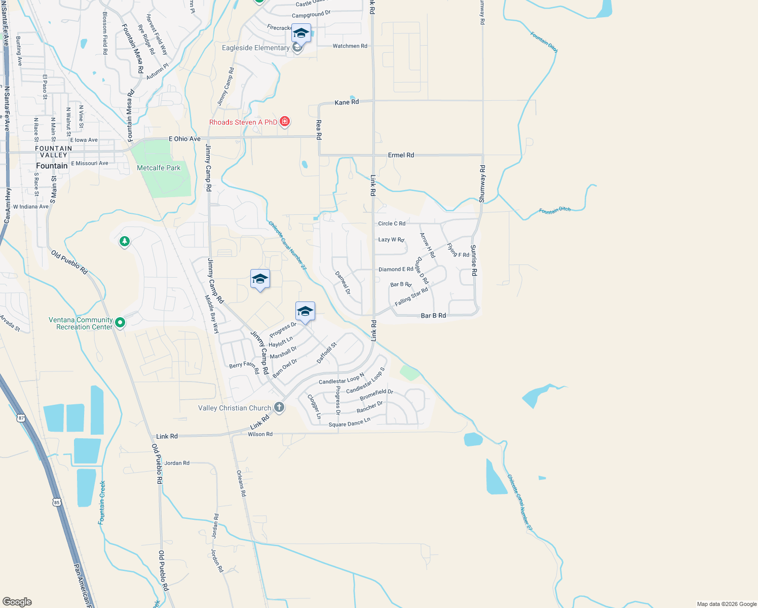 map of restaurants, bars, coffee shops, grocery stores, and more near 10935 Link Road in Fountain