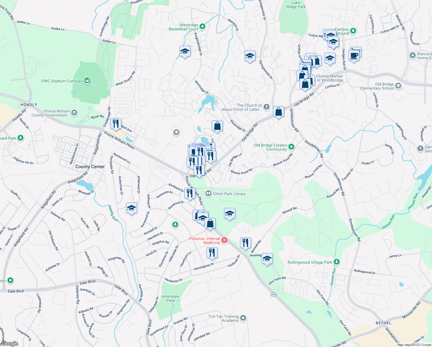 map of restaurants, bars, coffee shops, grocery stores, and more near 4069 Thackery Terrace in Woodbridge