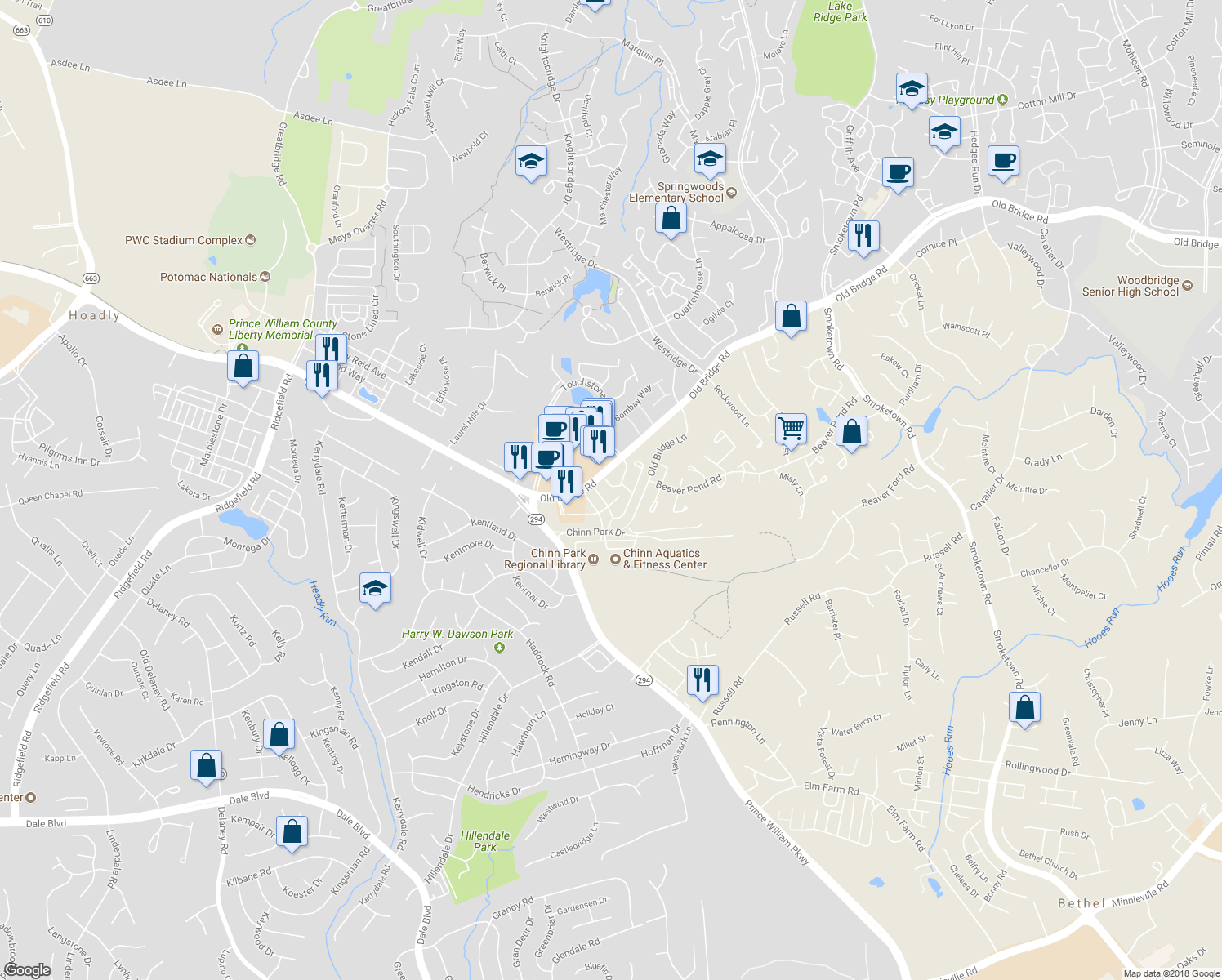 map of restaurants, bars, coffee shops, grocery stores, and more near 4073 Thackery Terrace in Woodbridge