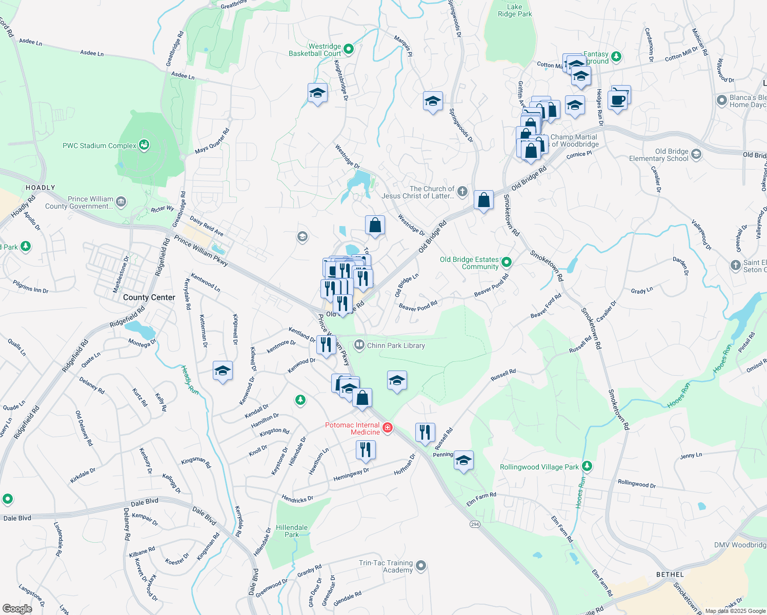 map of restaurants, bars, coffee shops, grocery stores, and more near 12911 Titania Way in Woodbridge