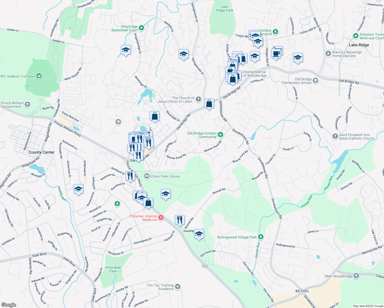 map of restaurants, bars, coffee shops, grocery stores, and more near 12932 Reese Court in Woodbridge
