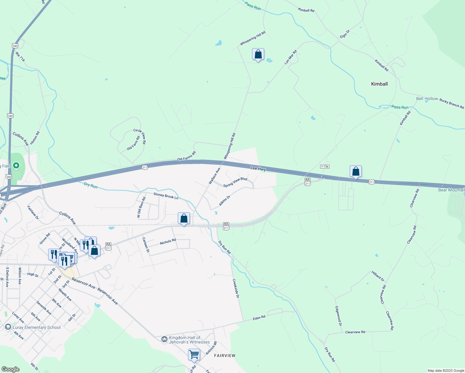 map of restaurants, bars, coffee shops, grocery stores, and more near 12 Springview Boulevard in Luray