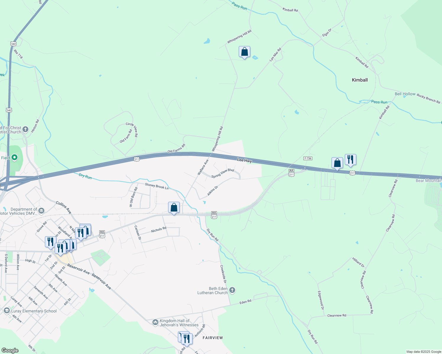 map of restaurants, bars, coffee shops, grocery stores, and more near 12 Springview Boulevard in Luray