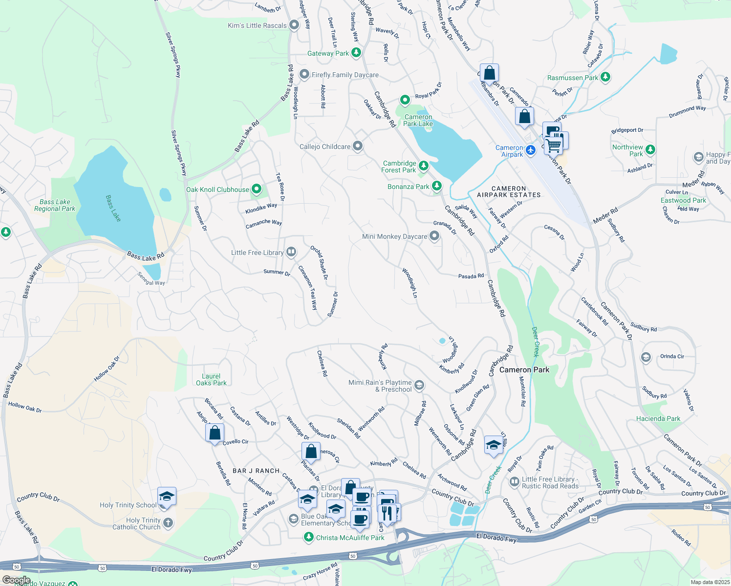 map of restaurants, bars, coffee shops, grocery stores, and more near 3341 Rancho Tierra Court in Cameron Park