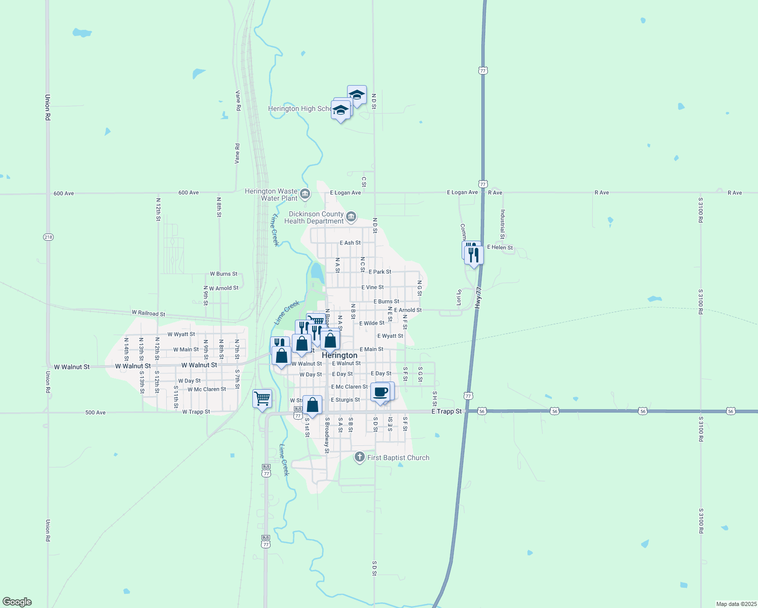 map of restaurants, bars, coffee shops, grocery stores, and more near 408 N D St in Herington