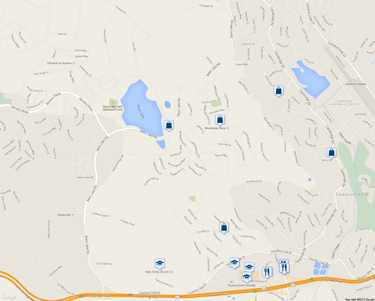 map of restaurants, bars, coffee shops, grocery stores, and more near 3024 Bridlewood Drive in El Dorado Hills