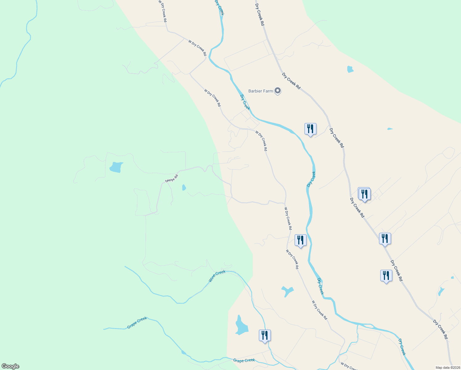 map of restaurants, bars, coffee shops, grocery stores, and more near Mountain View Ranch Road in Healdsburg