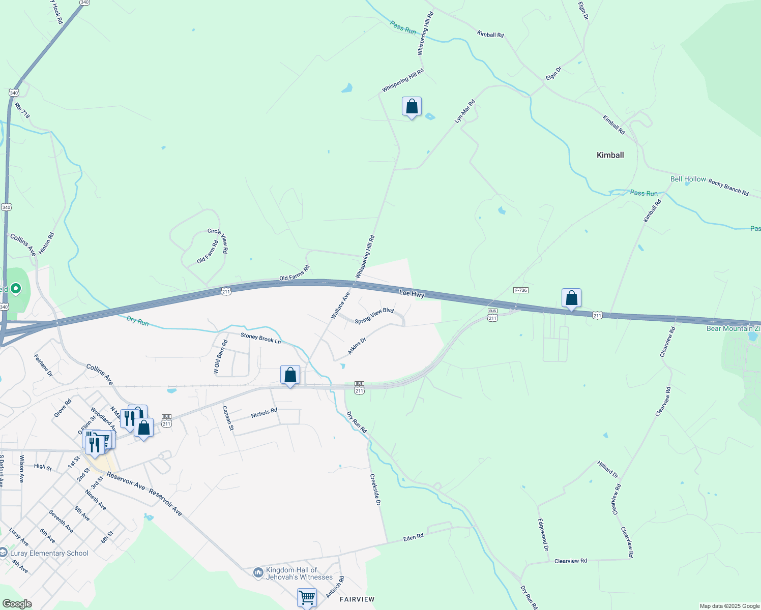 map of restaurants, bars, coffee shops, grocery stores, and more near 5 Brown Court in Luray