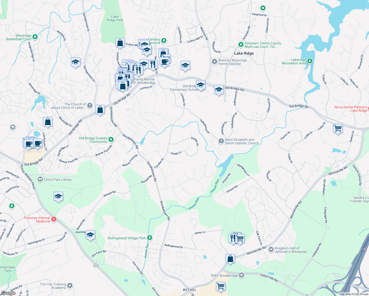 map of restaurants, bars, coffee shops, grocery stores, and more near 3258 Grady Lane in Woodbridge