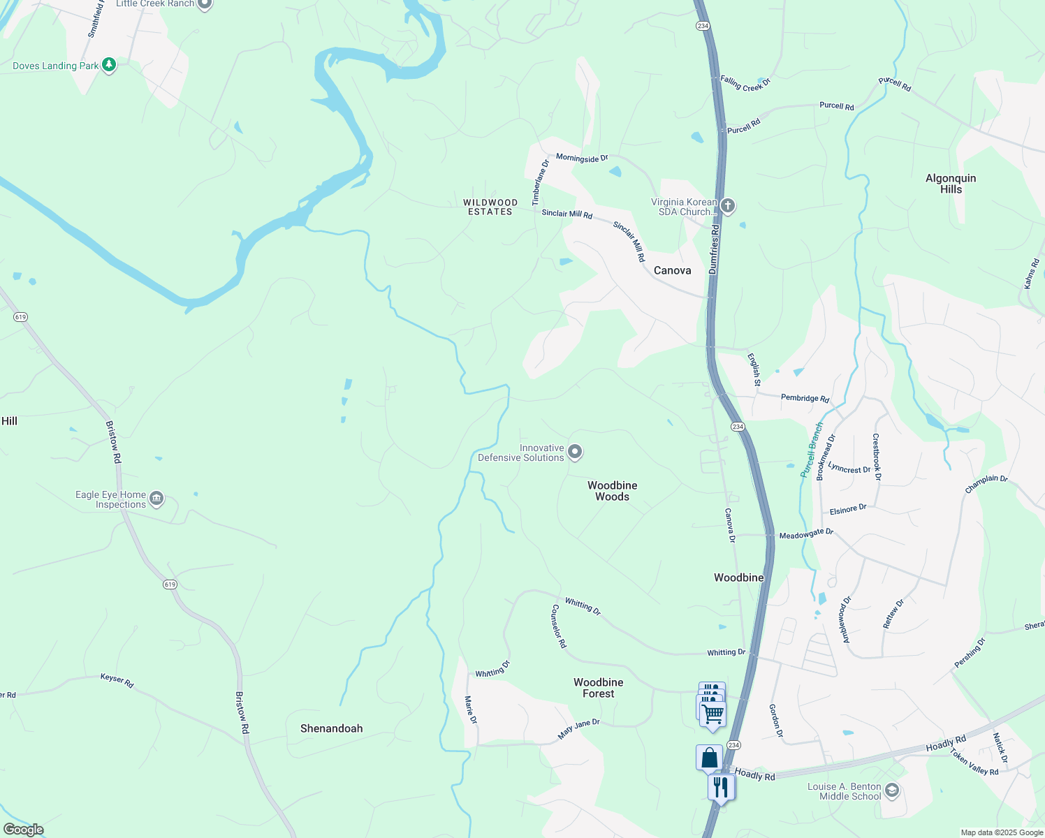 map of restaurants, bars, coffee shops, grocery stores, and more near 8172 Counselor Road in Manassas