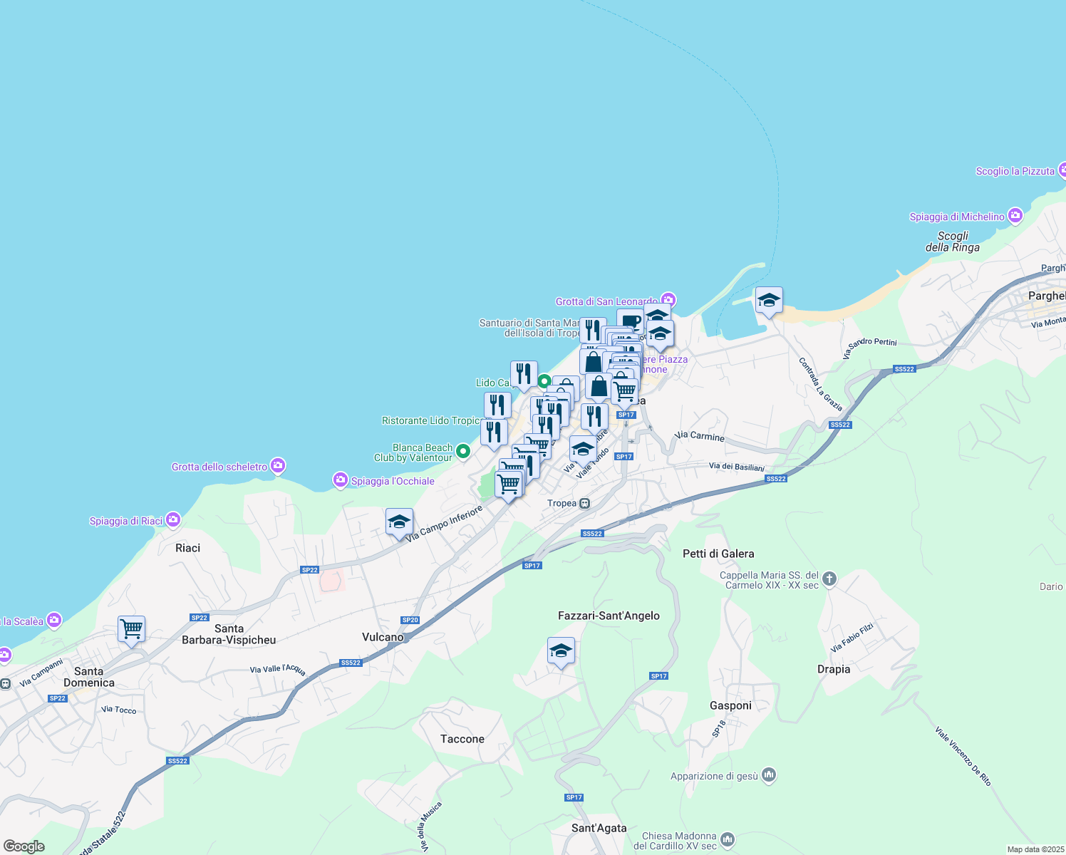 map of restaurants, bars, coffee shops, grocery stores, and more near 19 Via Croce Fazzari in Tropea