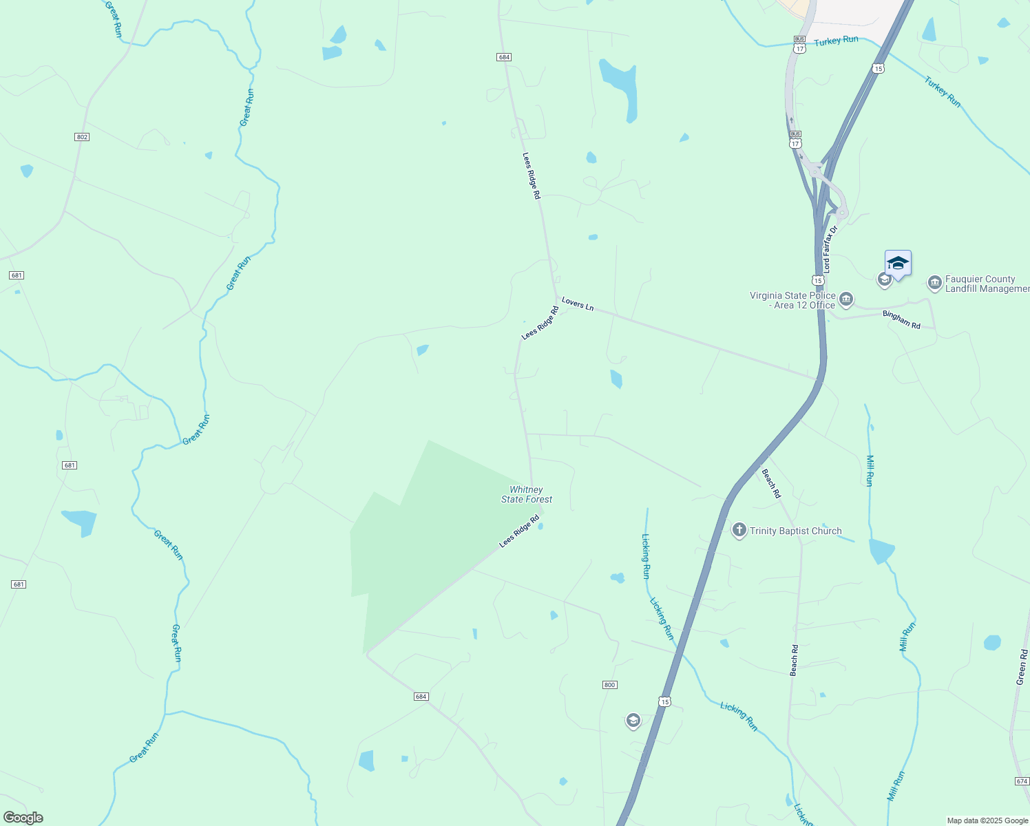 map of restaurants, bars, coffee shops, grocery stores, and more near 8672 Lees Ridge Road in Warrenton