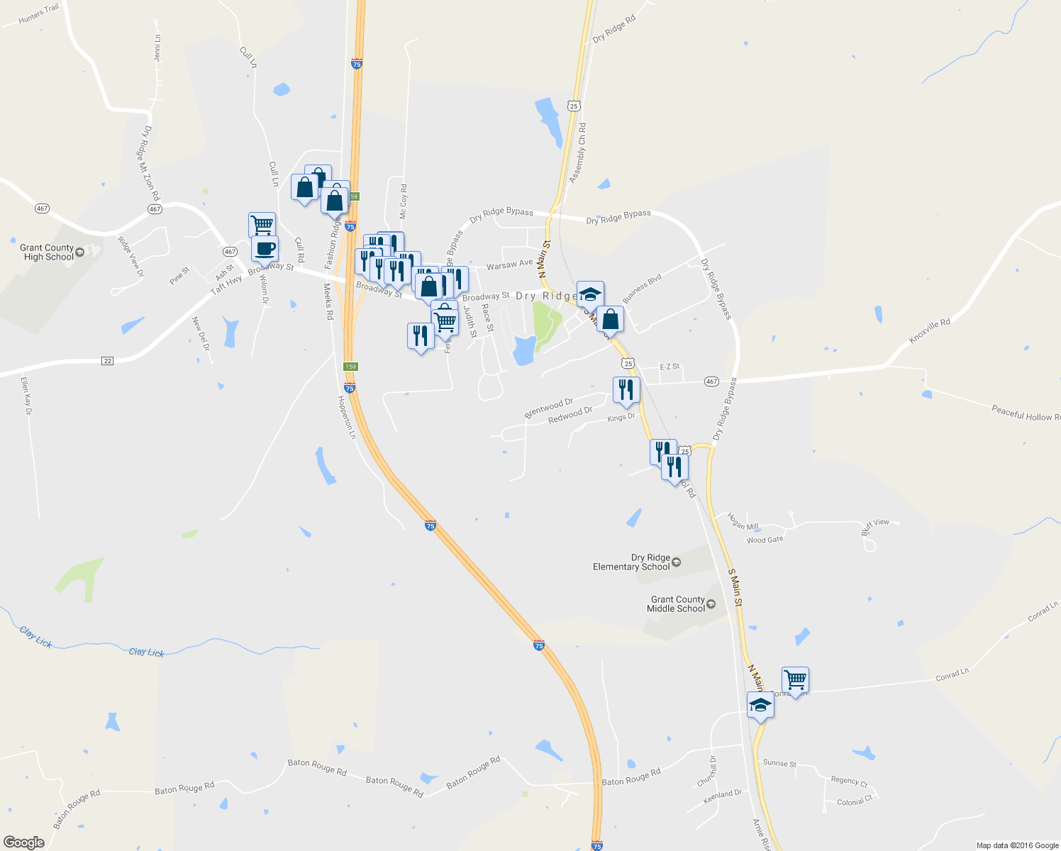 map of restaurants, bars, coffee shops, grocery stores, and more near 259 Redwood Dr in Dry Ridge