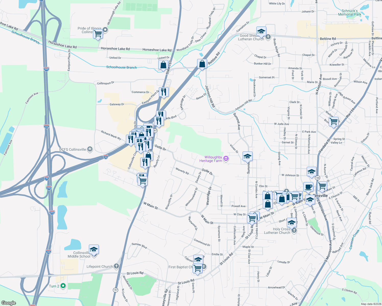 map of restaurants, bars, coffee shops, grocery stores, and more near 23 Susan Court in Collinsville