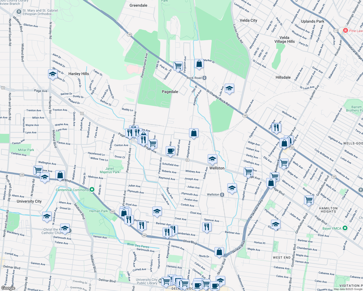 map of restaurants, bars, coffee shops, grocery stores, and more near 1338 Woodruff Avenue in St. Louis