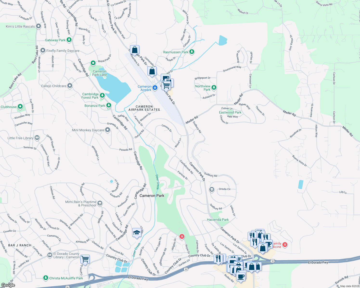 map of restaurants, bars, coffee shops, grocery stores, and more near 3340 Wood Lane in Cameron Park