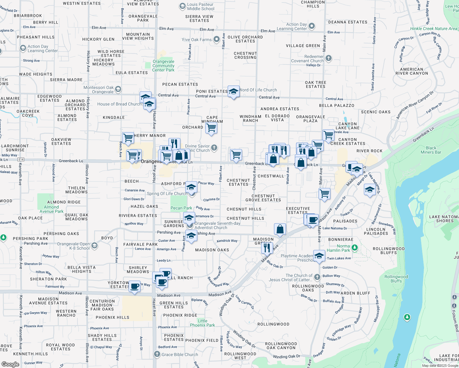 map of restaurants, bars, coffee shops, grocery stores, and more near 6030 Filbert Avenue in Orangevale